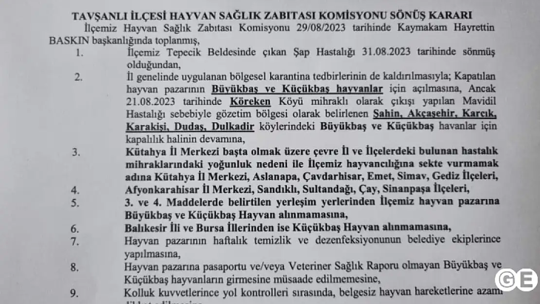 Emetli Hayvancılar Bir Süre Tavşanlı Hayvan Pazarına Giremeyecek