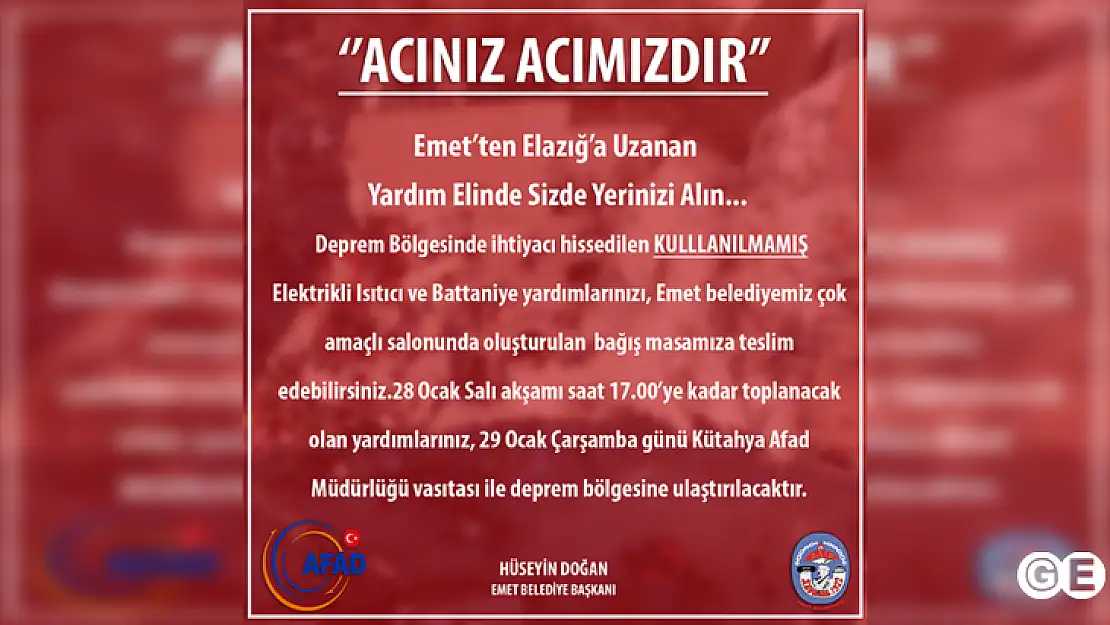 Emet'ten Elazığ'a  Yardım Eli