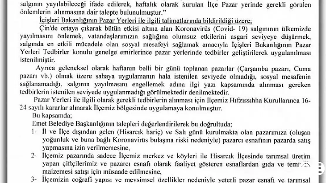 Hıfsı Sıhha İlçe Pazarlarına Girişleri Yasaklarken,Tavşanlı Zabıta Tepki Topladı