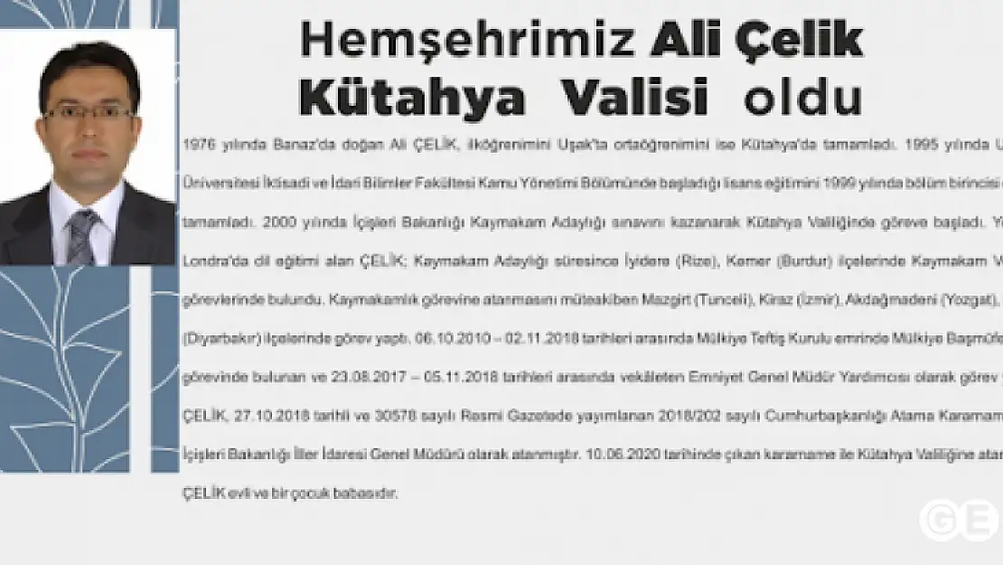 Kütahya Valiliğine Ali Çelik Atandı