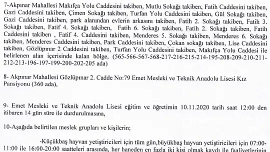 Emet'te Kısmi Karantina Başlıyor