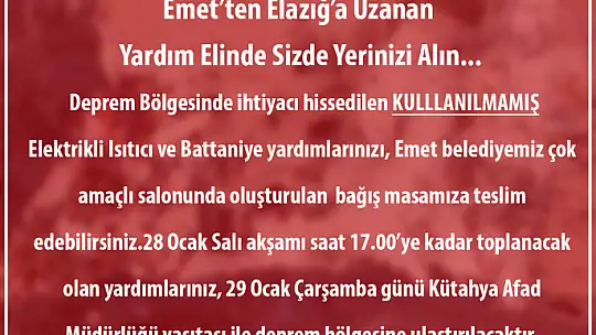 Emet'ten Elazığ'a Yardım Eli