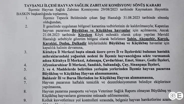 Emetli Hayvancılar Bir Süre Tavşanlı Hayvan Pazarına Giremeyecek