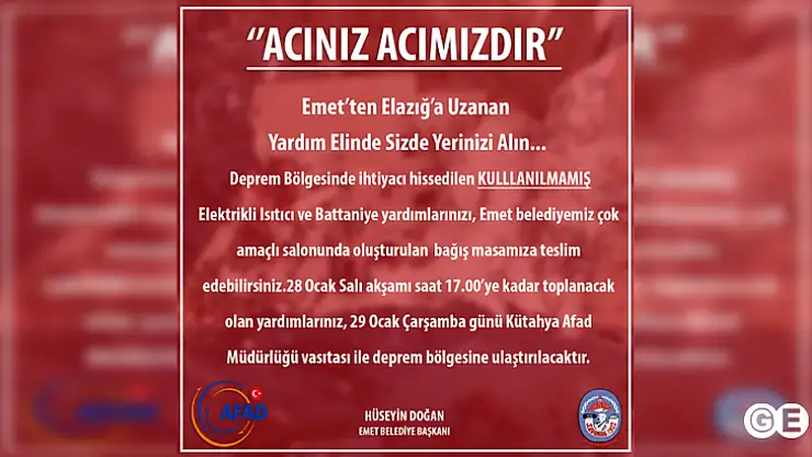 Emet'ten Elazığ'a  Yardım Eli