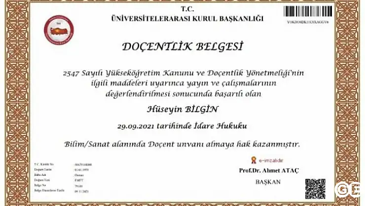 Hemşehrimiz İdari Hakim Bilgin'e Doçentlik Ünvanı